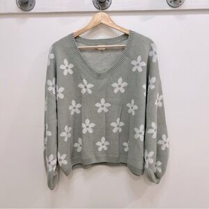 altar’d state poppy flower v neck sweater in light green and white